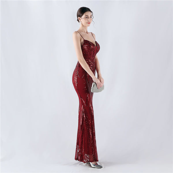 Structured Corset Sequin Gown with Floral Motifs