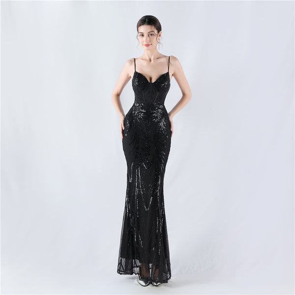 Structured Corset Sequin Gown with Floral Motifs