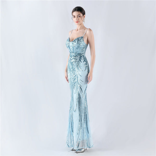 Structured Corset Sequin Gown with Floral Motifs