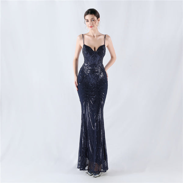 Structured Corset Sequin Gown with Floral Motifs