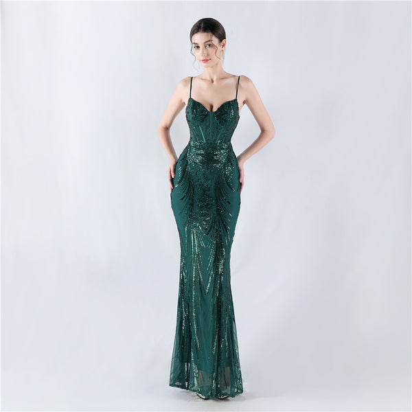 Structured Corset Sequin Gown with Floral Motifs