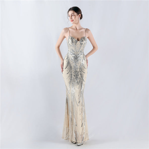 Structured Corset Sequin Gown with Floral Motifs