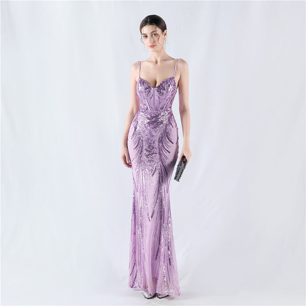 Structured Corset Sequin Gown with Floral Motifs