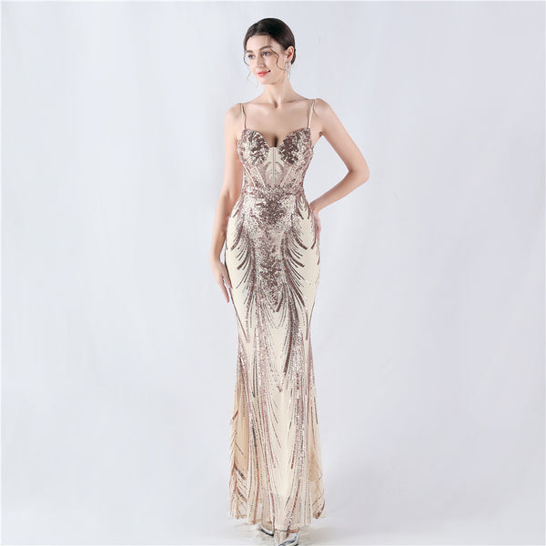 Structured Corset Sequin Gown with Floral Motifs