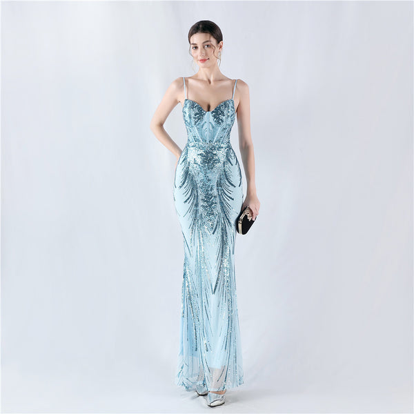 Structured Corset Sequin Gown with Floral Motifs