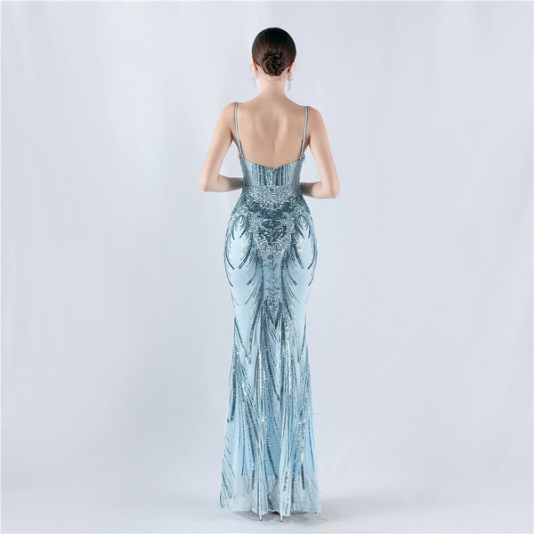 Structured Corset Sequin Gown with Floral Motifs