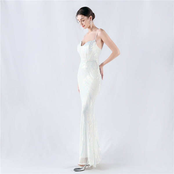 Structured Corset Sequin Gown with Floral Motifs