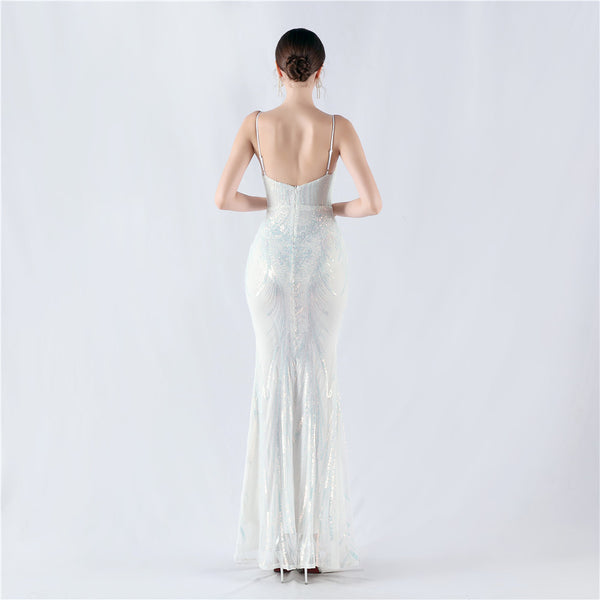 Structured Corset Sequin Gown with Floral Motifs