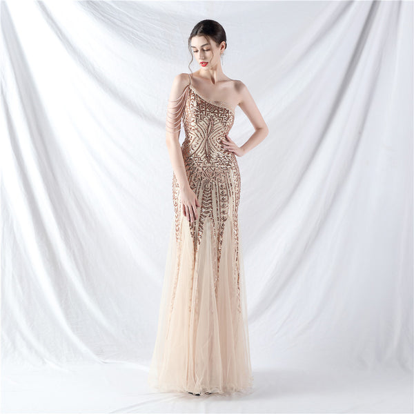 High-End Sequin & Tulle Gown with Floral Beadwork