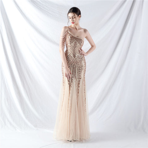 High-End Sequin & Tulle Gown with Floral Beadwork