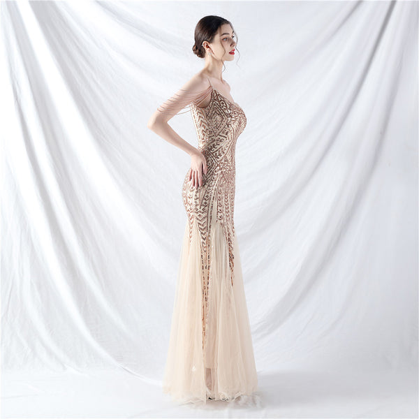 High-End Sequin & Tulle Gown with Floral Beadwork