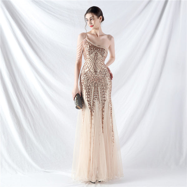 High-End Sequin & Tulle Gown with Floral Beadwork