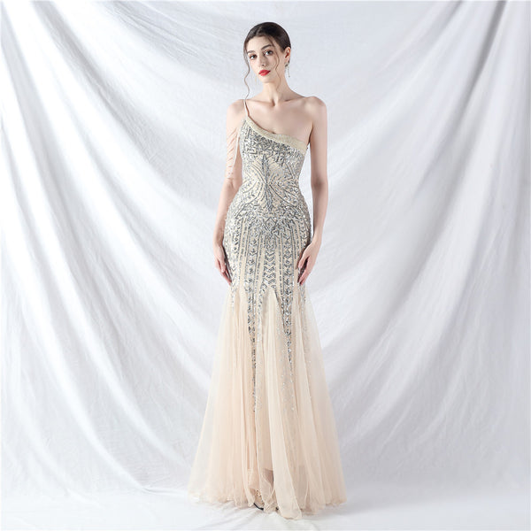High-End Sequin & Tulle Gown with Floral Beadwork