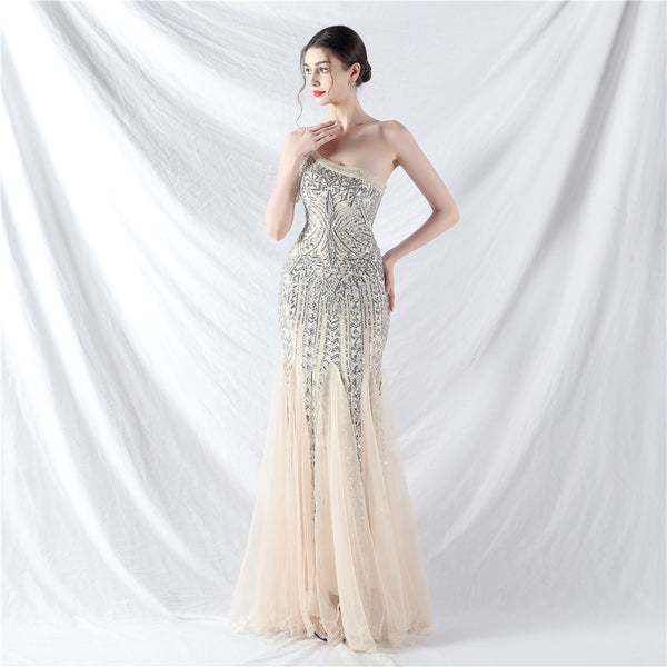 High-End Sequin & Tulle Gown with Floral Beadwork