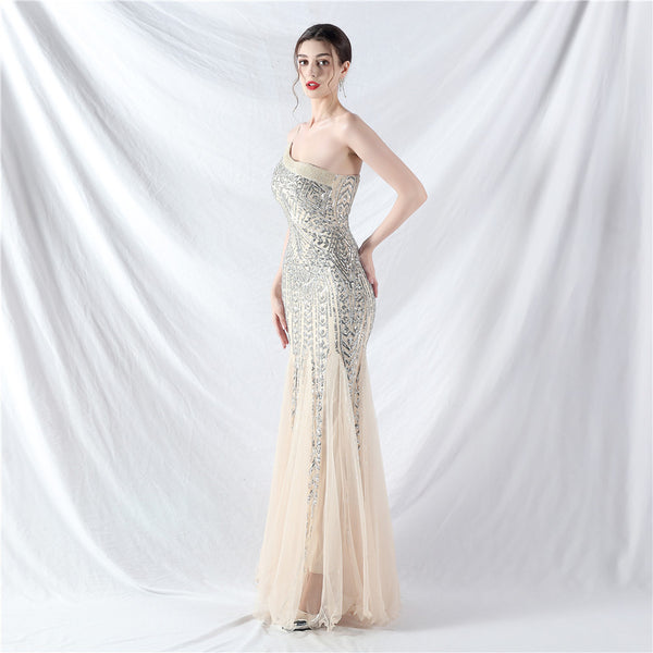 High-End Sequin & Tulle Gown with Floral Beadwork