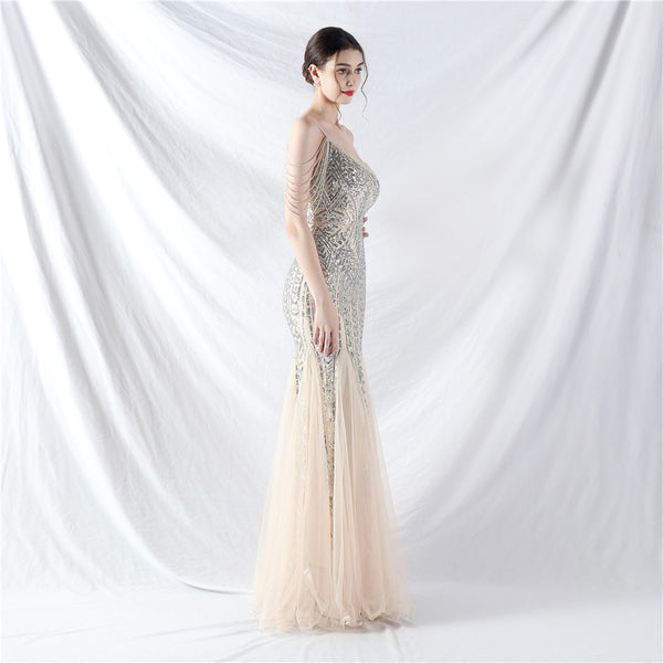 High-End Sequin & Tulle Gown with Floral Beadwork