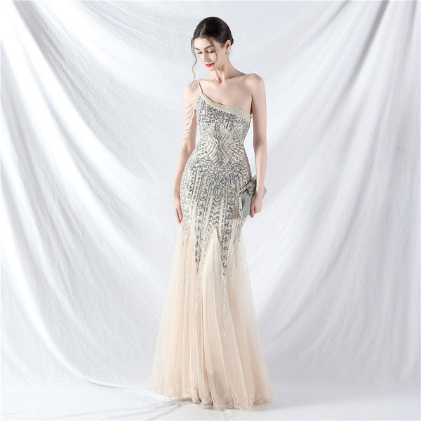 High-End Sequin & Tulle Gown with Floral Beadwork
