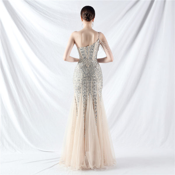 High-End Sequin & Tulle Gown with Floral Beadwork