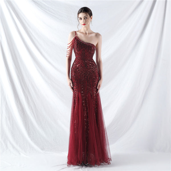 High-End Sequin & Tulle Gown with Floral Beadwork