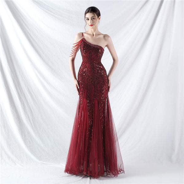 High-End Sequin & Tulle Gown with Floral Beadwork