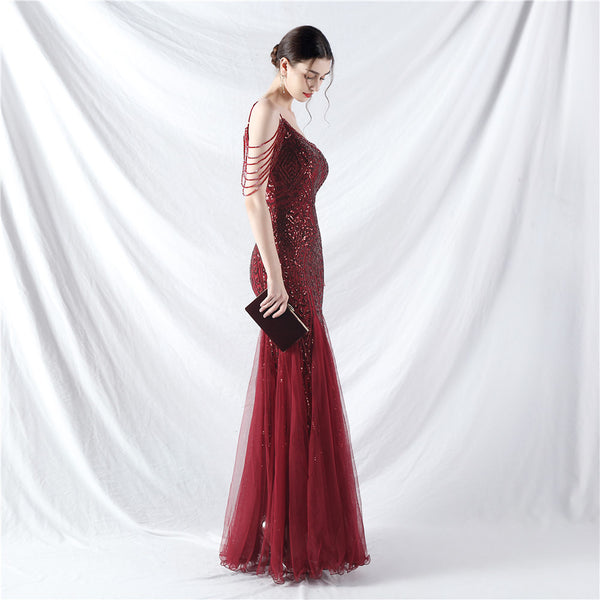 High-End Sequin & Tulle Gown with Floral Beadwork