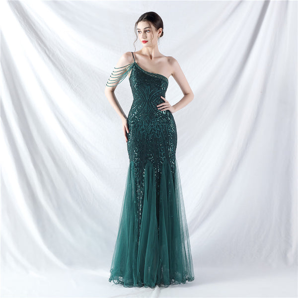 High-End Sequin & Tulle Gown with Floral Beadwork