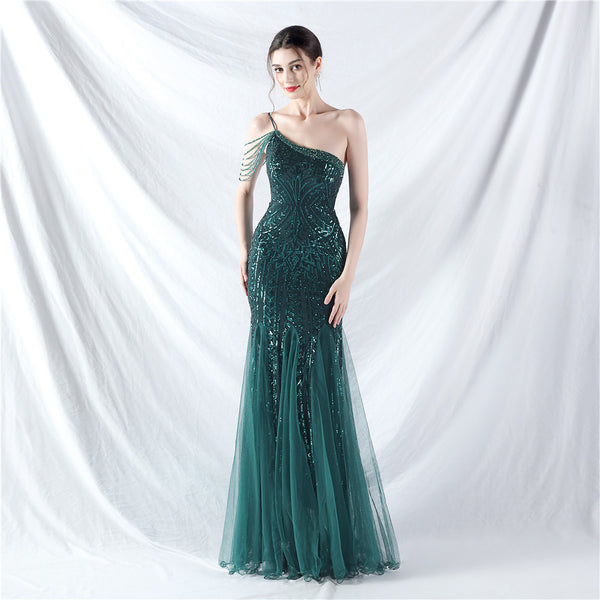 High-End Sequin & Tulle Gown with Floral Beadwork
