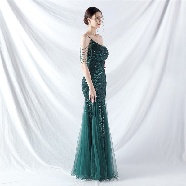 High-End Sequin & Tulle Gown with Floral Beadwork