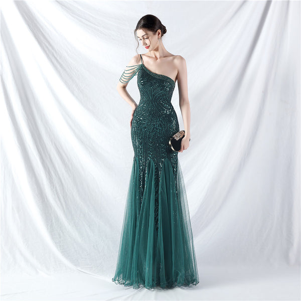 High-End Sequin & Tulle Gown with Floral Beadwork