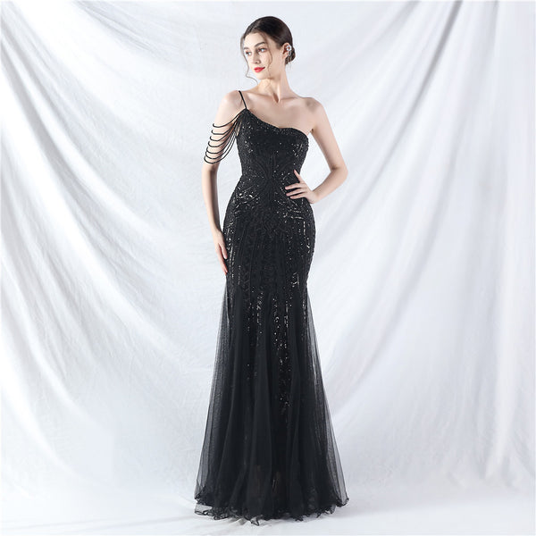 High-End Sequin & Tulle Gown with Floral Beadwork