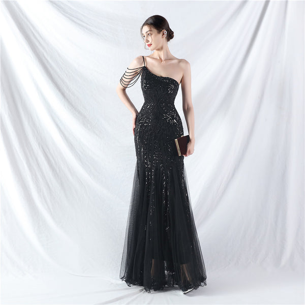 High-End Sequin & Tulle Gown with Floral Beadwork