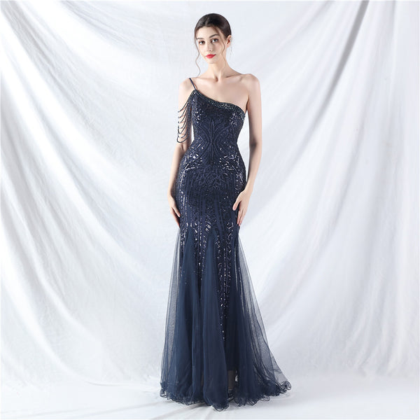 High-End Sequin & Tulle Gown with Floral Beadwork