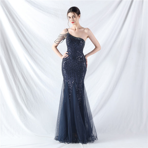 High-End Sequin & Tulle Gown with Floral Beadwork