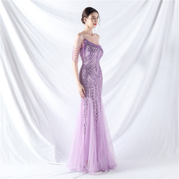 High-End Sequin & Tulle Gown with Floral Beadwork