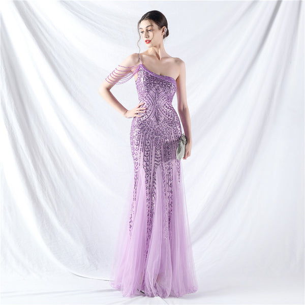 High-End Sequin & Tulle Gown with Floral Beadwork