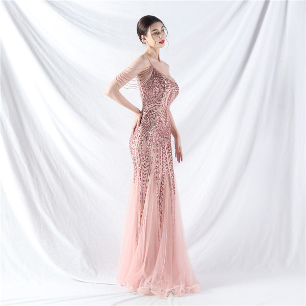 High-End Sequin & Tulle Gown with Floral Beadwork
