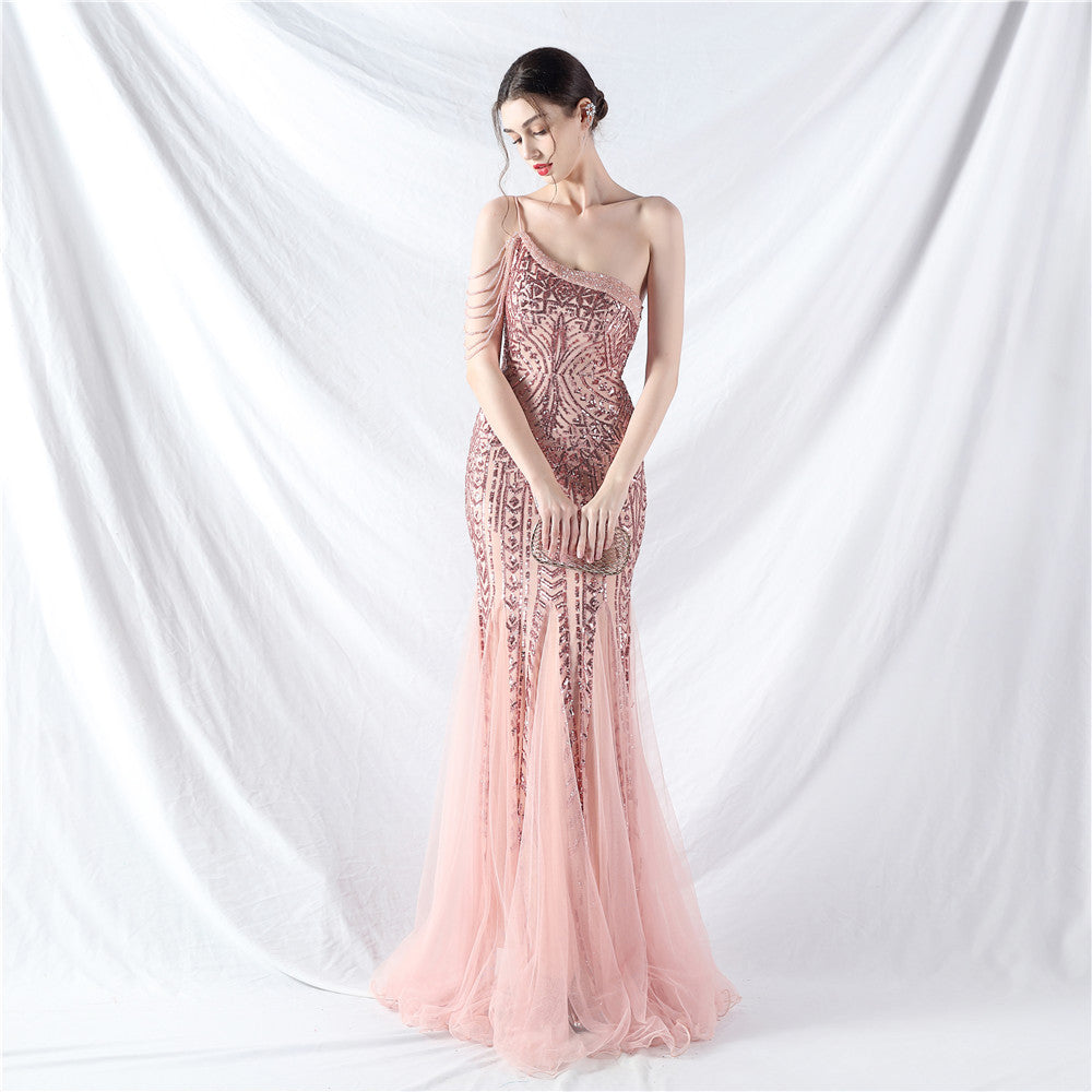 High-End Sequin & Tulle Gown with Floral Beadwork