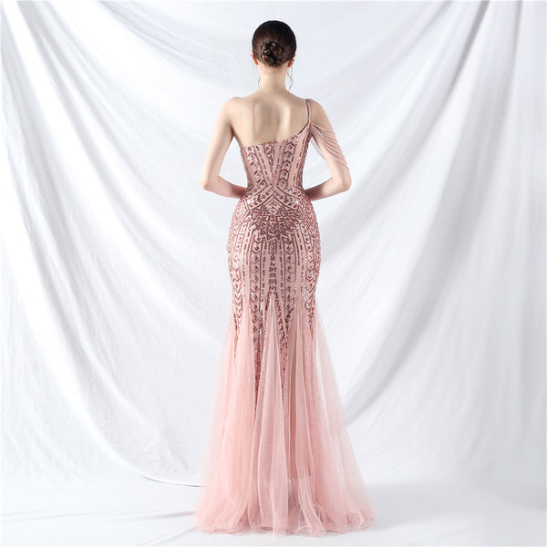 High-End Sequin & Tulle Gown with Floral Beadwork