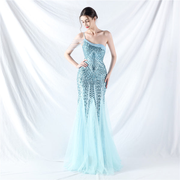 High-End Sequin & Tulle Gown with Floral Beadwork