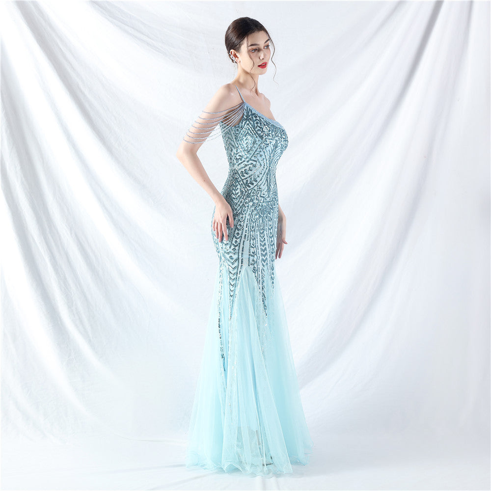 Vysoce kvalitní šaty z flitrů a tylu s květinovou korálkovou výšivkou