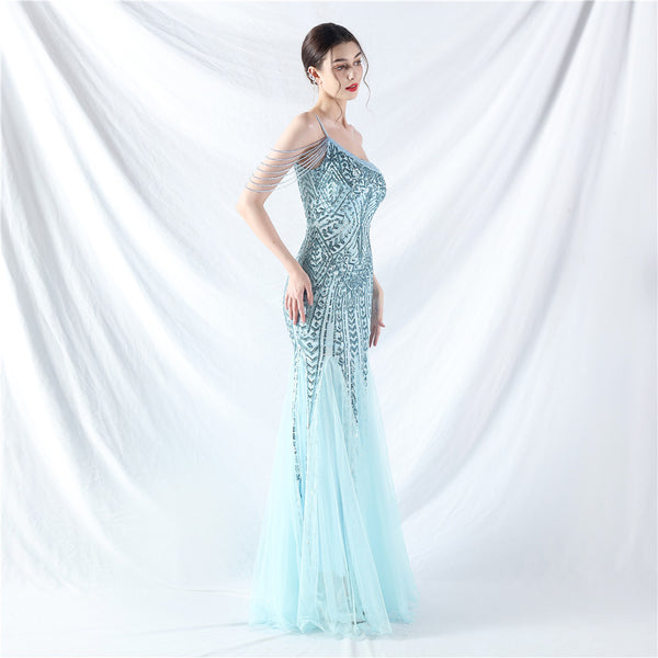 High-End Sequin & Tulle Gown with Floral Beadwork