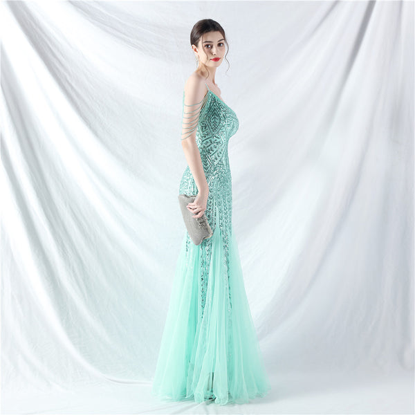 High-End Sequin & Tulle Gown with Floral Beadwork