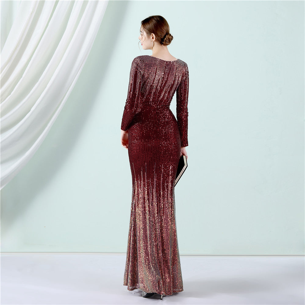 2022 Gradient Sequin Long-Sleeve Gown for Weddings