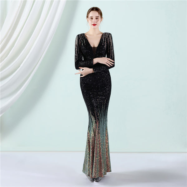 2022 Gradient Sequin Long-Sleeve Gown for Weddings