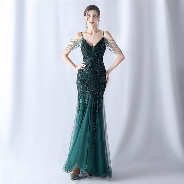 2024 High-End Gown with Floral Sequins & Beadwork