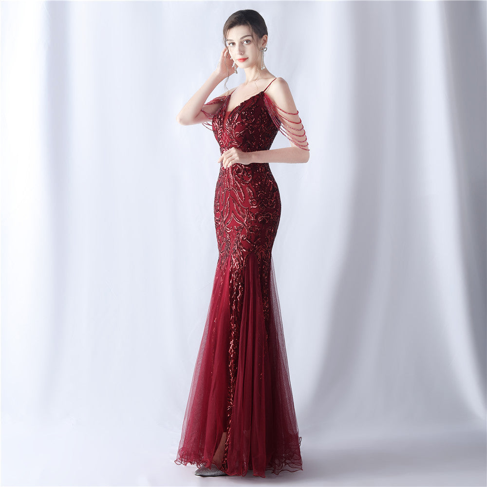 2024 High-End Gown with Floral Sequins & Beadwork