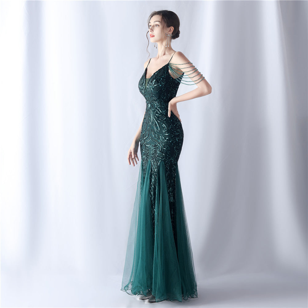 2024 High-End Gown with Floral Sequins & Beadwork