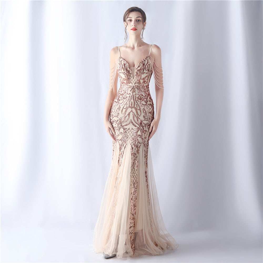 2024 High-End Gown with Floral Sequins & Beadwork