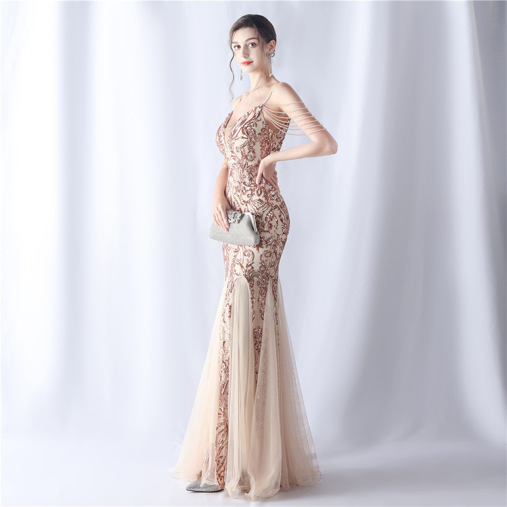2024 High-End Gown with Floral Sequins & Beadwork