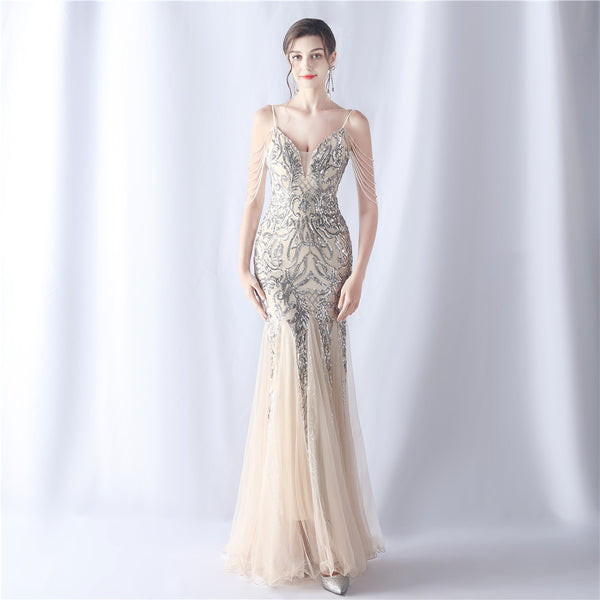 2024 High-End Gown with Floral Sequins & Beadwork